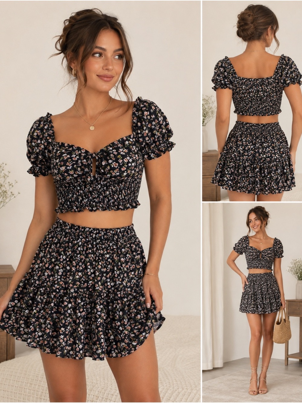 Blashe Women’s 2 Piece Floral Crop Top & Ruffle Mini Skirt Set Size M Black
